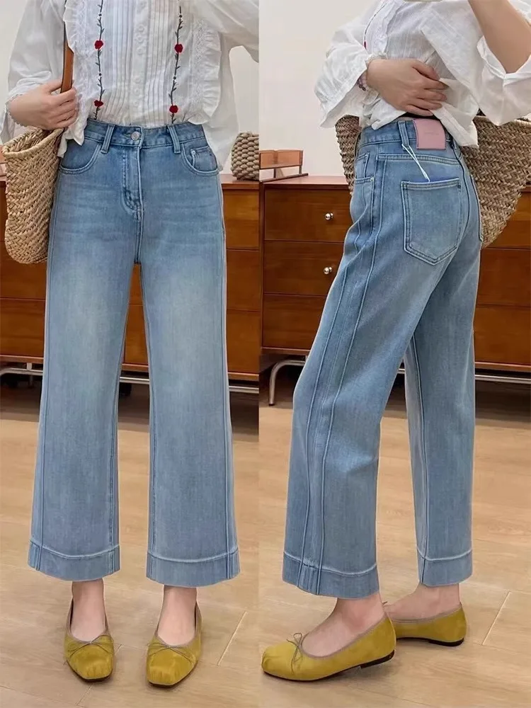 Women High Waist Wide Leg Pants Casual Loose Trousers Summer Solid Color Straight Fit Pocketed Ankle-Length Jeans