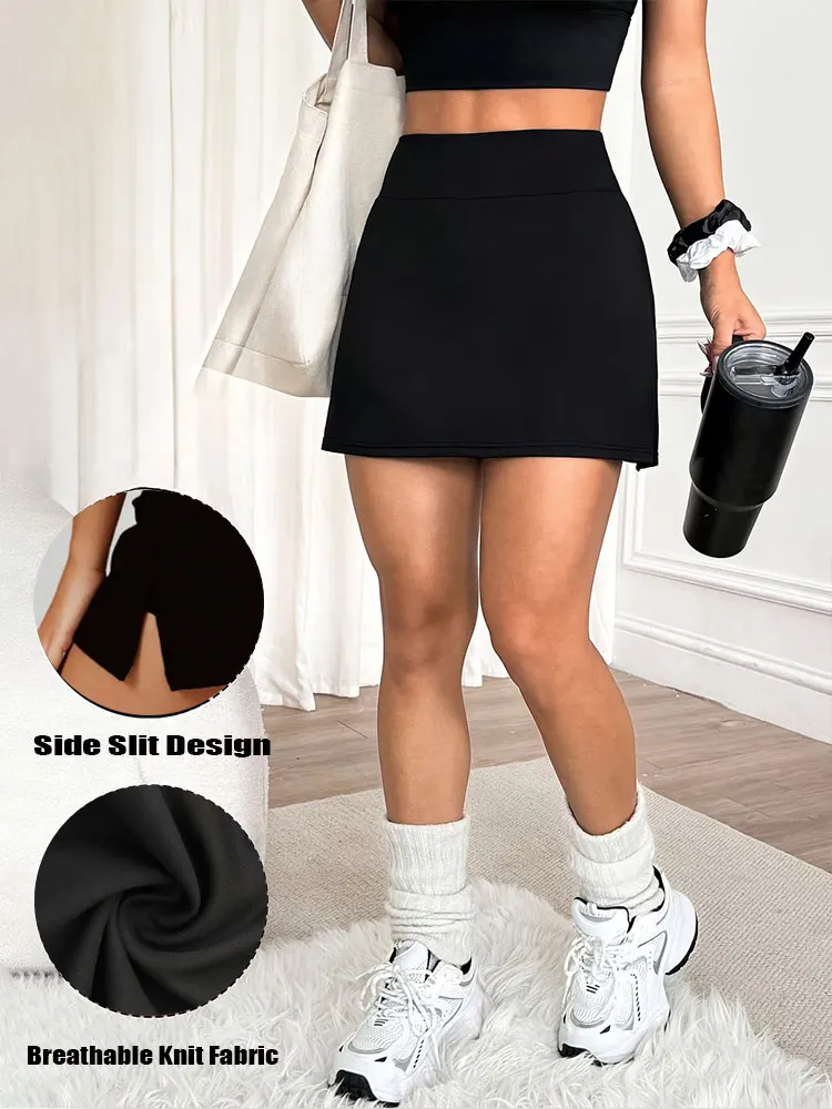 High Waist Sports Skirt Side Slit Design Stretchy Yoga Cycling Tennis Training Outfit Fashion Casual Versatile Athletic Skirt