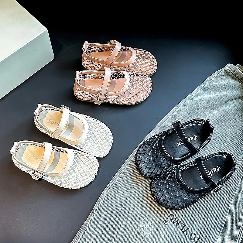 Children's Perforated Mesh Slip-on Shoes New Beige Breathable Boys' Girls' Leather Shoes Pink Soft Anti-slip Kids Baby Sandals