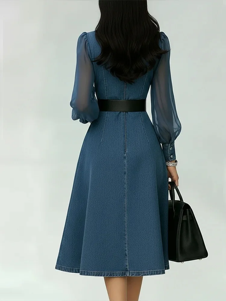 Streetwear Denim A-Line Dress Summer Women Tulle Long Sleeve See Through V Neck Maxi Dresses Vintage Jean Dress with Belt
