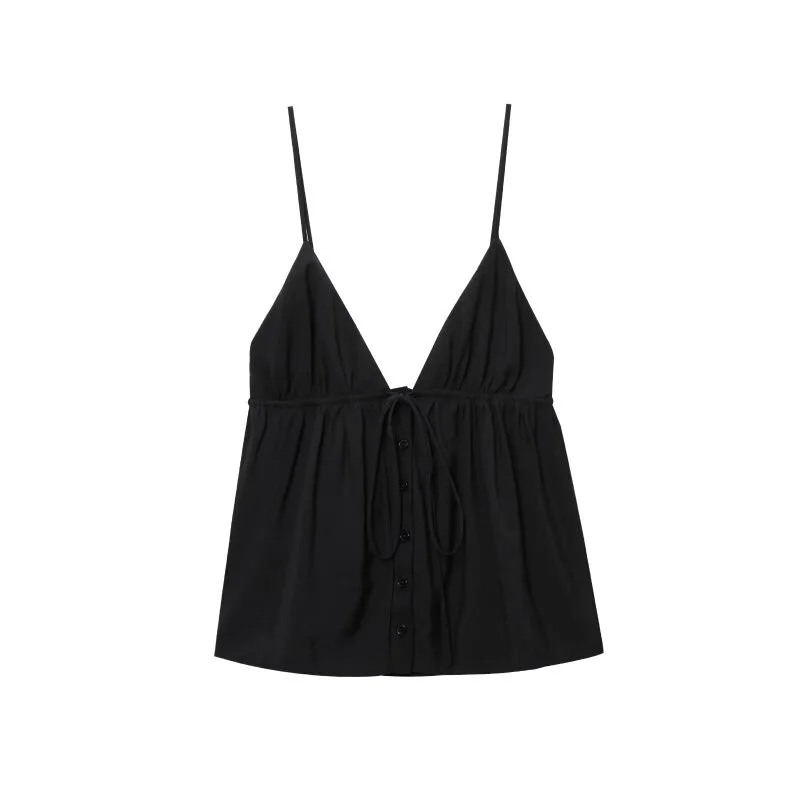 Ladies Sexy V-Neck Spaghetti Strap Top, Spring Summer Beach Vacation Tie Waist Cami, Casual Holiday & Daily Wear