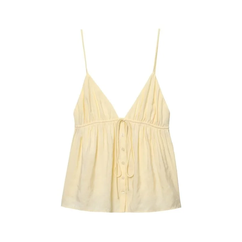 Ladies Sexy V-Neck Spaghetti Strap Top, Spring Summer Beach Vacation Tie Waist Cami, Casual Holiday & Daily Wear