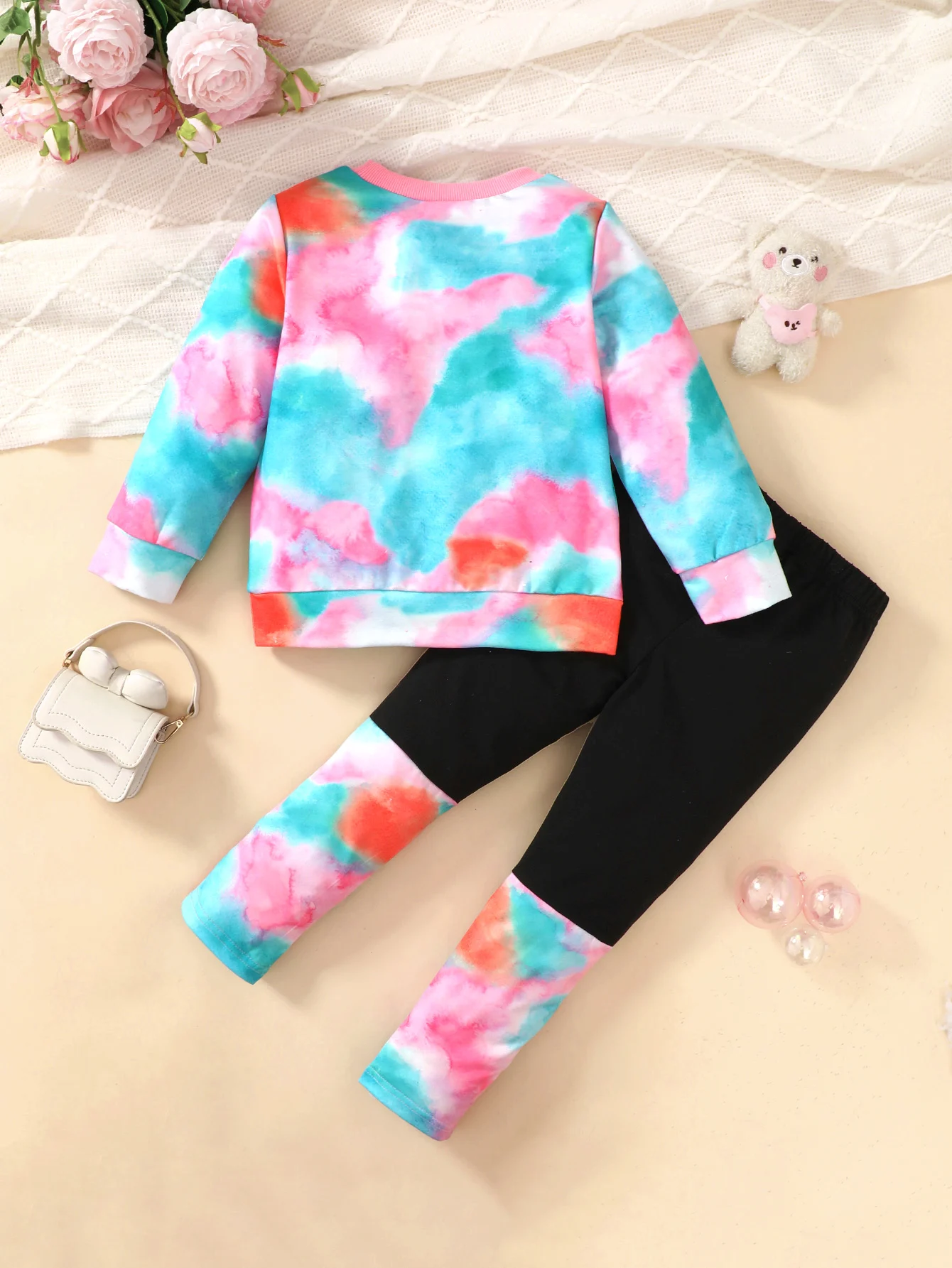 4-7 Year Girls' Set Round Neck Cartoon Cute Kitten Tie-Dye Long Sleeve+Long Pants 2Pcs/Set Girls' Spring and Autumn Fashion Set