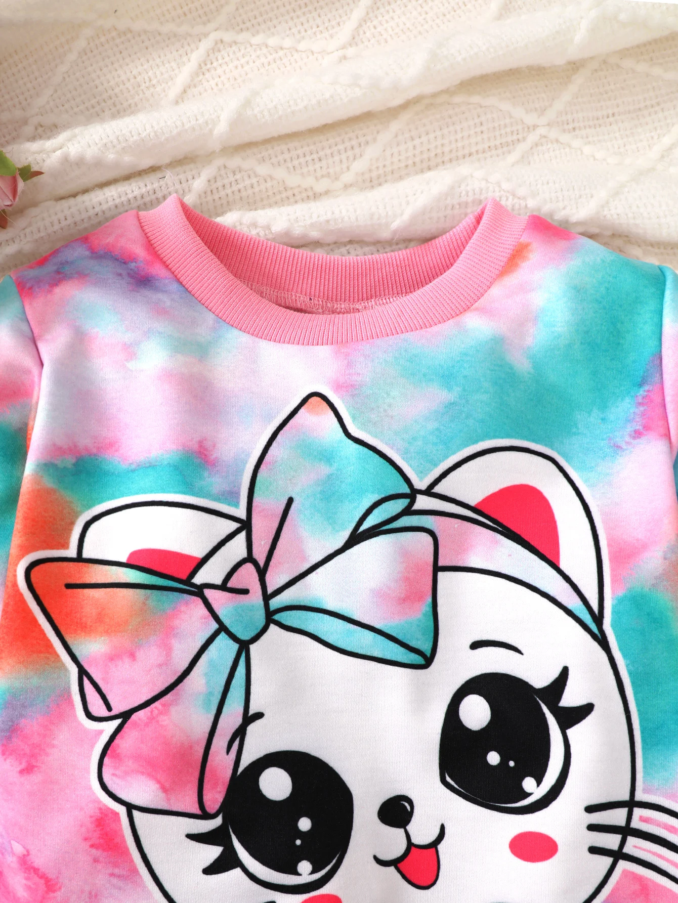 4-7 Year Girls' Set Round Neck Cartoon Cute Kitten Tie-Dye Long Sleeve+Long Pants 2Pcs/Set Girls' Spring and Autumn Fashion Set
