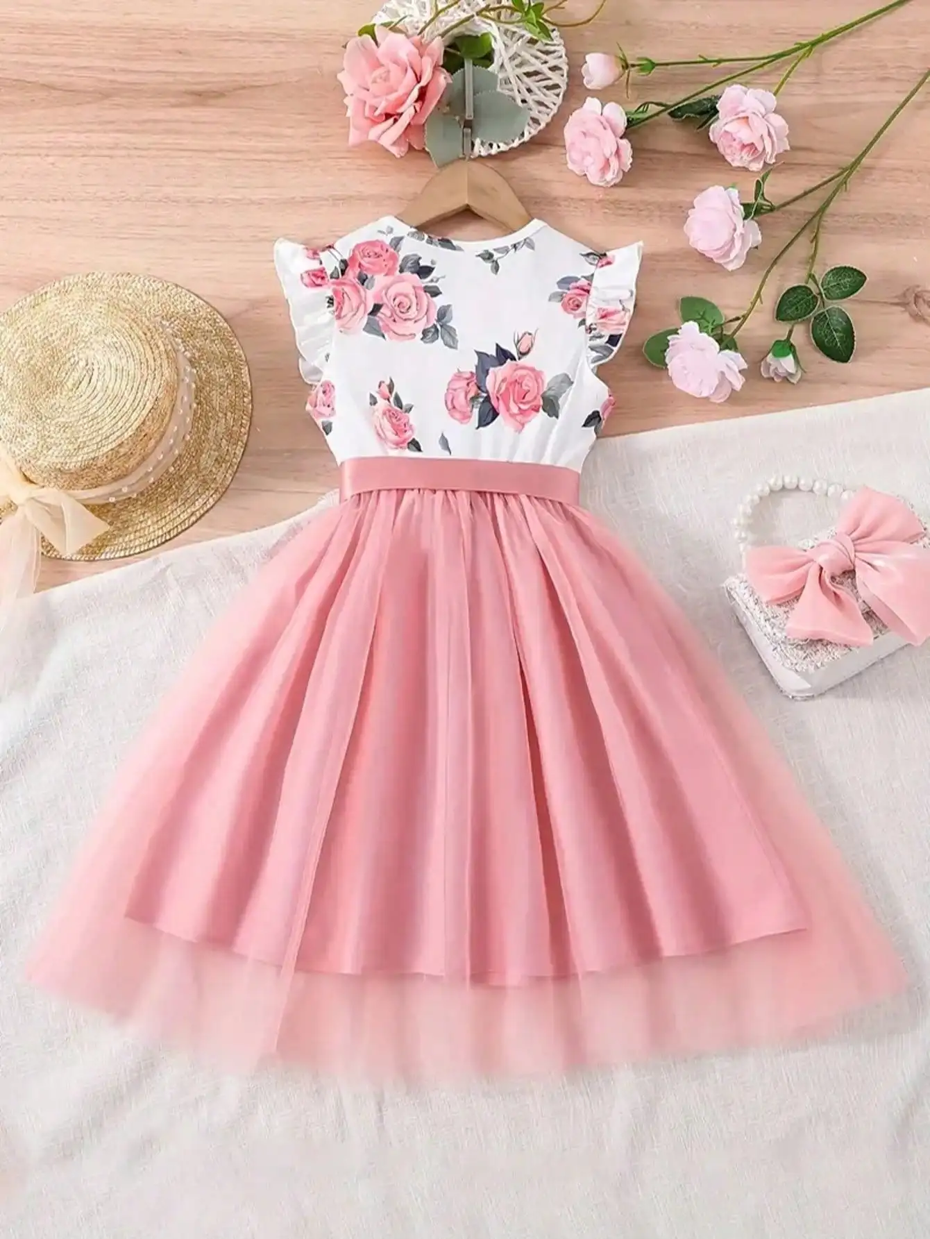 2026 Summer New Collection, Children's and Women's Clothing, Small Flying Sleeve Printed Round Neck Cute Plush Dress