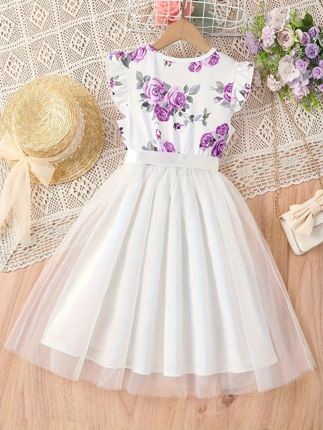 2026 Summer New Collection, Children's and Women's Clothing, Small Flying Sleeve Printed Round Neck Cute Plush Dress