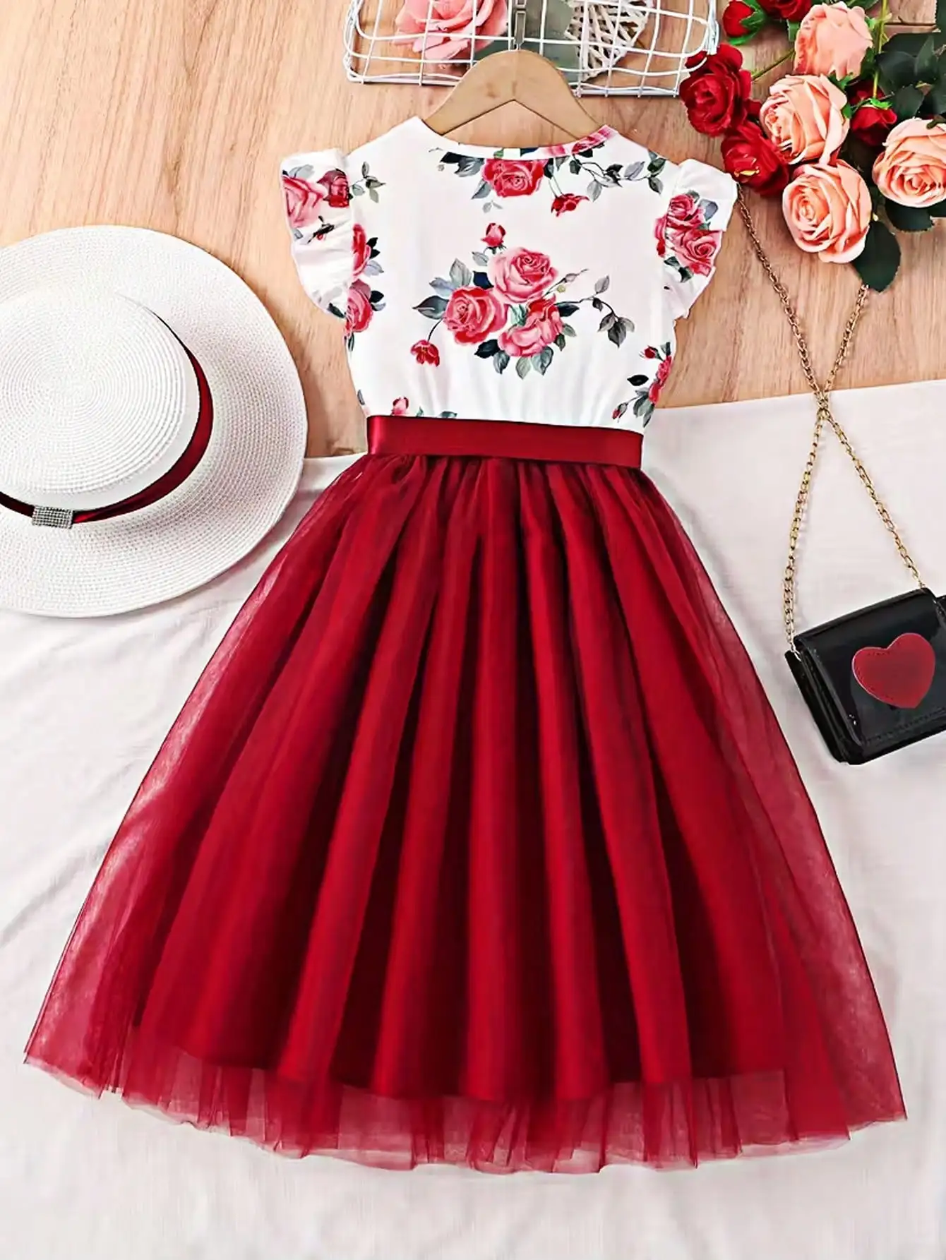 2026 Summer New Collection, Children's and Women's Clothing, Small Flying Sleeve Printed Round Neck Cute Plush Dress