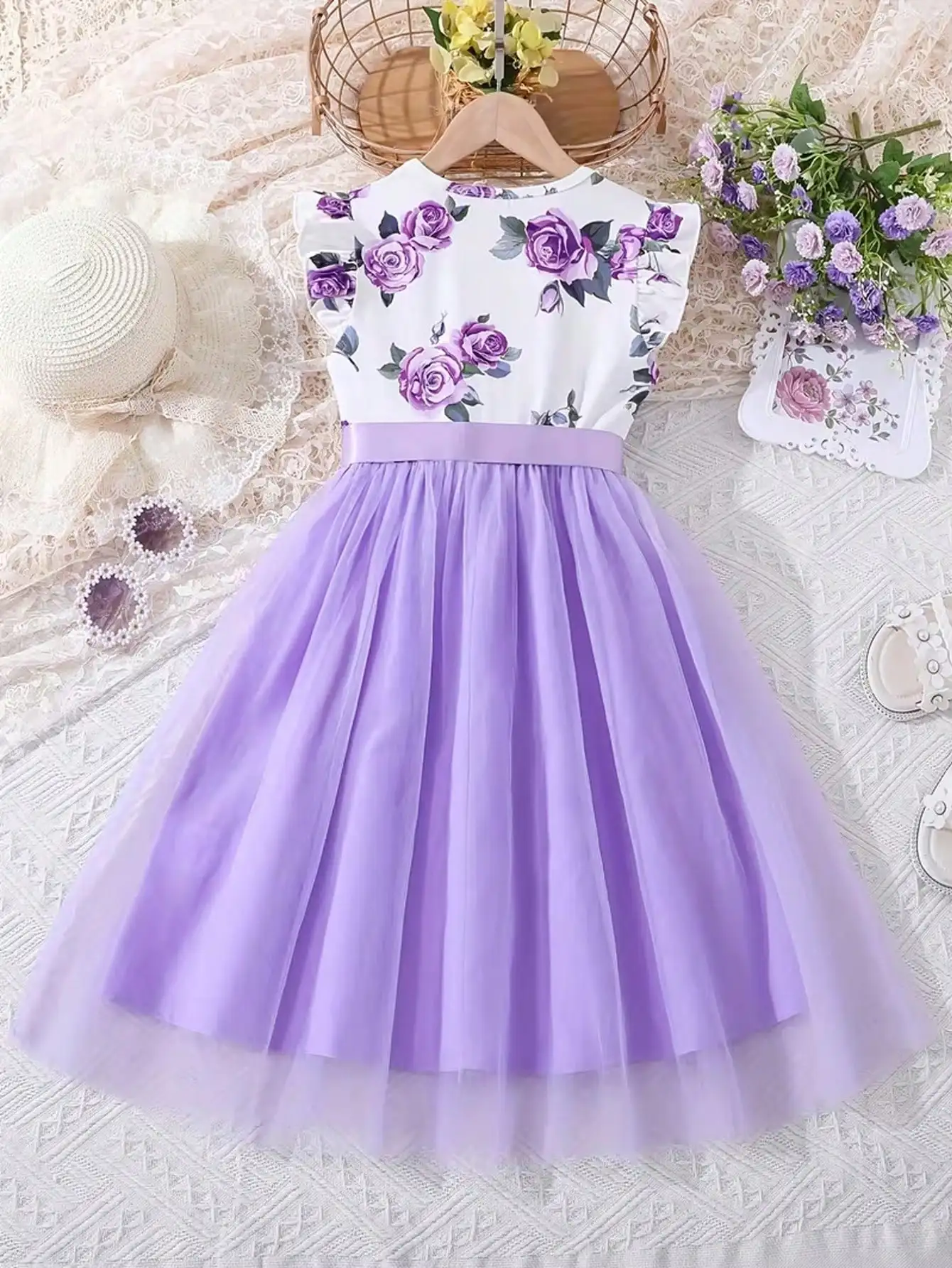 2026 Summer New Collection, Children's and Women's Clothing, Small Flying Sleeve Printed Round Neck Cute Plush Dress