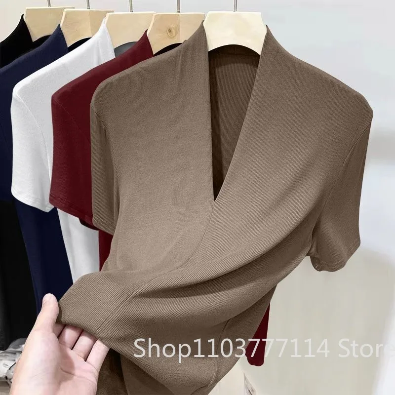 Summer Threaded Women's Short-sleeved T-shirt Fashion Versatile Base Shirt Plus Size Slim Fit V-neck T-shirt Casual and Sexy Top