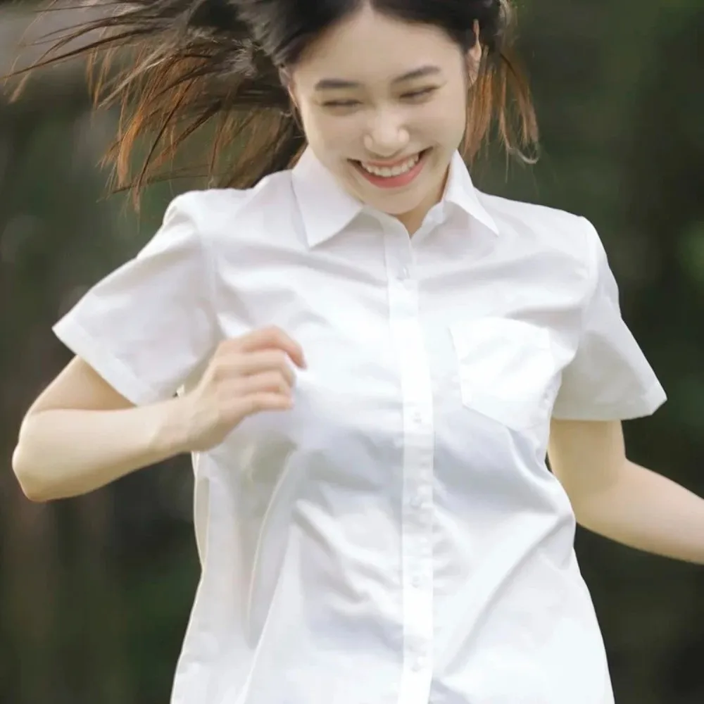 Casual Classic White Shirt Preppy Style Simple Loose Fit Shirt Basic Short Sleeve Blouse Graduation Season