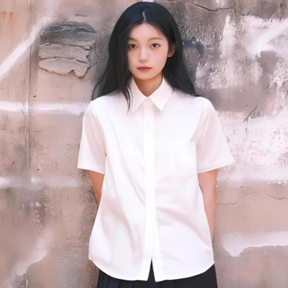 Casual Classic White Shirt Preppy Style Simple Loose Fit Shirt Basic Short Sleeve Blouse Graduation Season