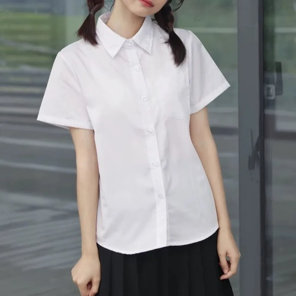 Casual Classic White Shirt Preppy Style Simple Loose Fit Shirt Basic Short Sleeve Blouse Graduation Season