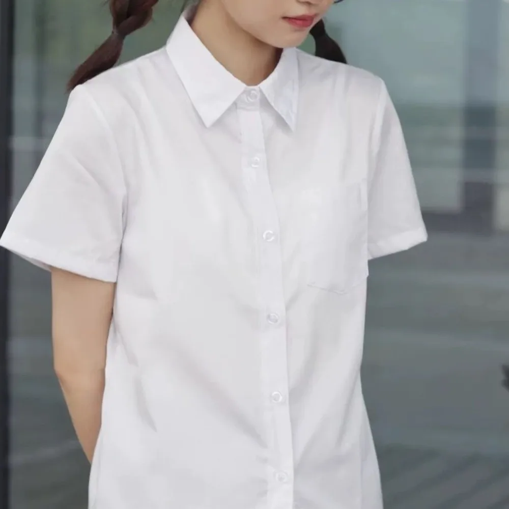 Casual Classic White Shirt Preppy Style Simple Loose Fit Shirt Basic Short Sleeve Blouse Graduation Season