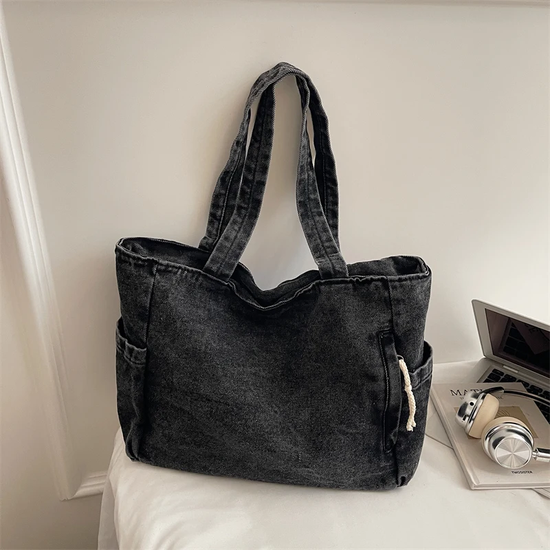 New Washed Denim Casual Women Shoulder Bag Large Capacity Daily Versatile Shopping Bag Solid Color Simple Ladies Handbags