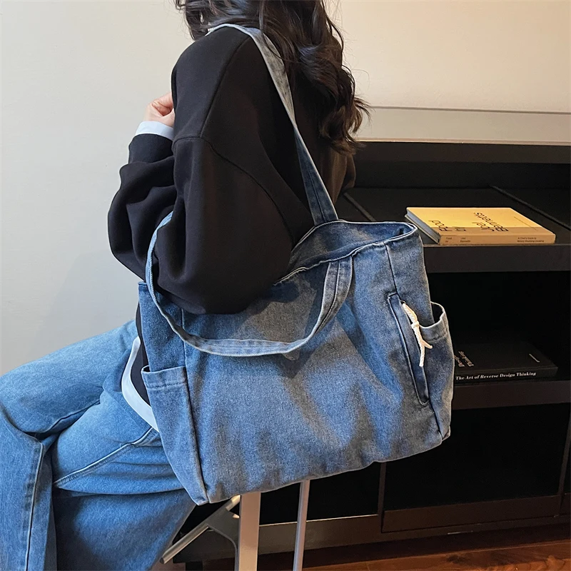New Washed Denim Casual Women Shoulder Bag Large Capacity Daily Versatile Shopping Bag Solid Color Simple Ladies Handbags