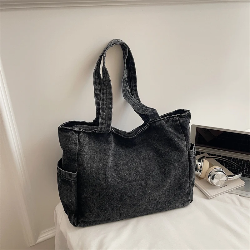 New Washed Denim Casual Women Shoulder Bag Large Capacity Daily Versatile Shopping Bag Solid Color Simple Ladies Handbags