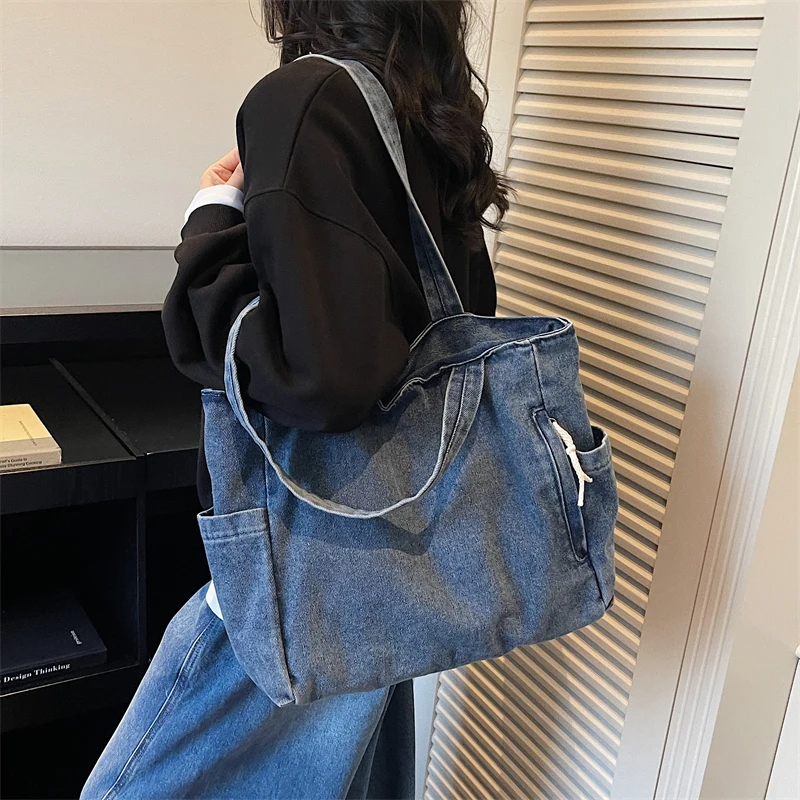 New Washed Denim Casual Women Shoulder Bag Large Capacity Daily Versatile Shopping Bag Solid Color Simple Ladies Handbags