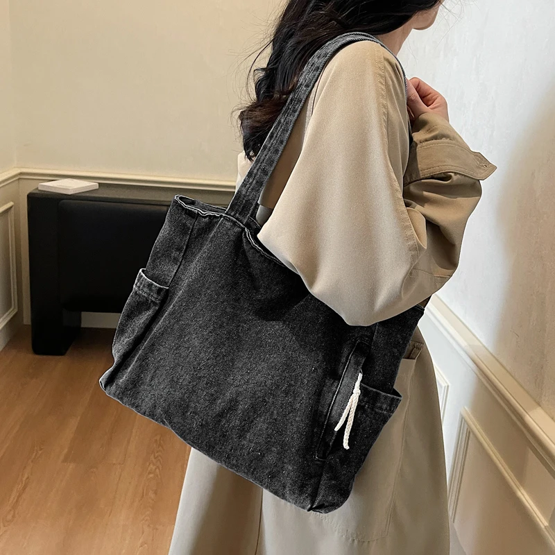 New Washed Denim Casual Women Shoulder Bag Large Capacity Daily Versatile Shopping Bag Solid Color Simple Ladies Handbags