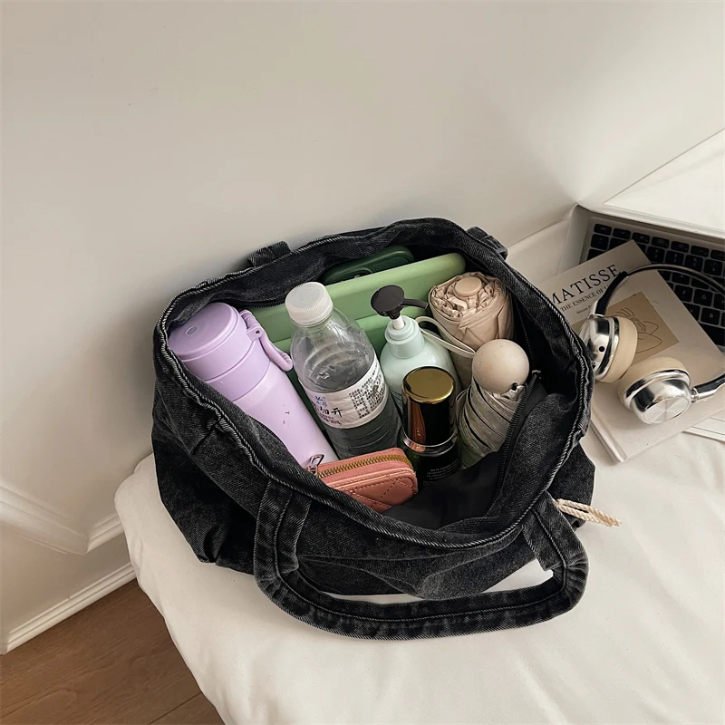 New Washed Denim Casual Women Shoulder Bag Large Capacity Daily Versatile Shopping Bag Solid Color Simple Ladies Handbags