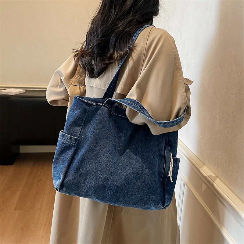 New Washed Denim Casual Women Shoulder Bag Large Capacity Daily Versatile Shopping Bag Solid Color Simple Ladies Handbags