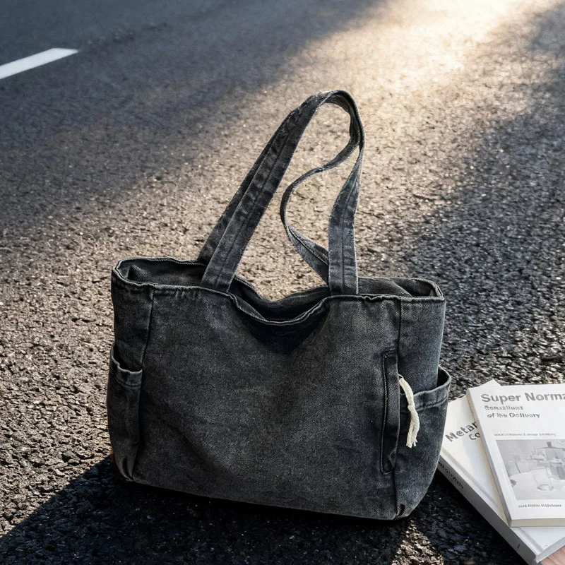 New Washed Denim Casual Women Shoulder Bag Large Capacity Daily Versatile Shopping Bag Solid Color Simple Ladies Handbags