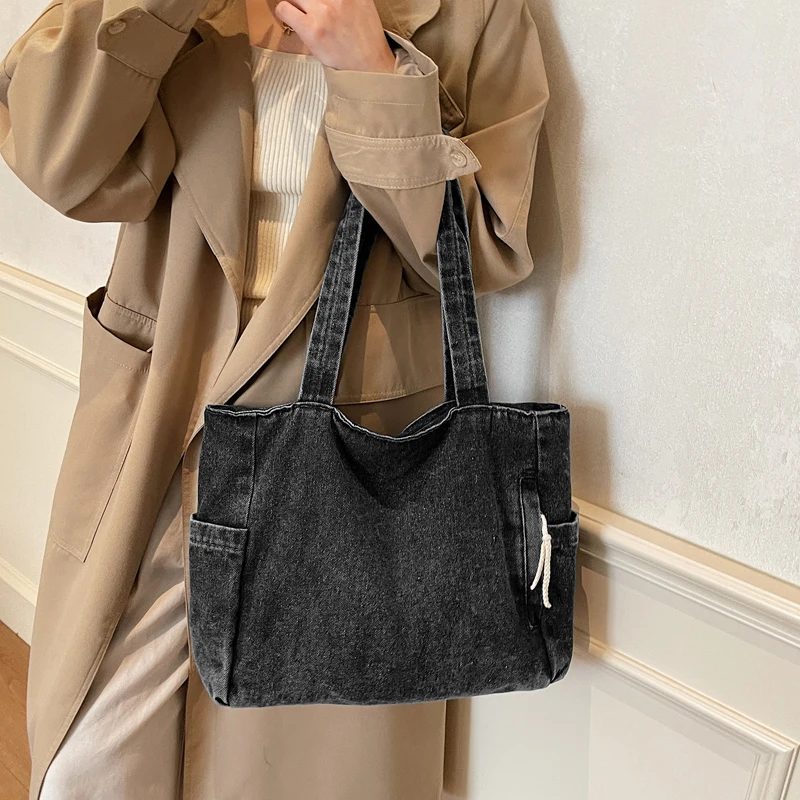 New Washed Denim Casual Women Shoulder Bag Large Capacity Daily Versatile Shopping Bag Solid Color Simple Ladies Handbags