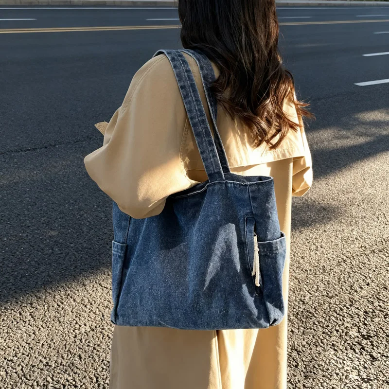 New Washed Denim Casual Women Shoulder Bag Large Capacity Daily Versatile Shopping Bag Solid Color Simple Ladies Handbags
