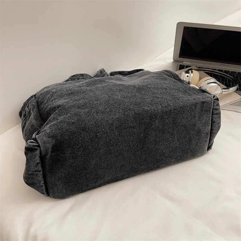 New Washed Denim Casual Women Shoulder Bag Large Capacity Daily Versatile Shopping Bag Solid Color Simple Ladies Handbags