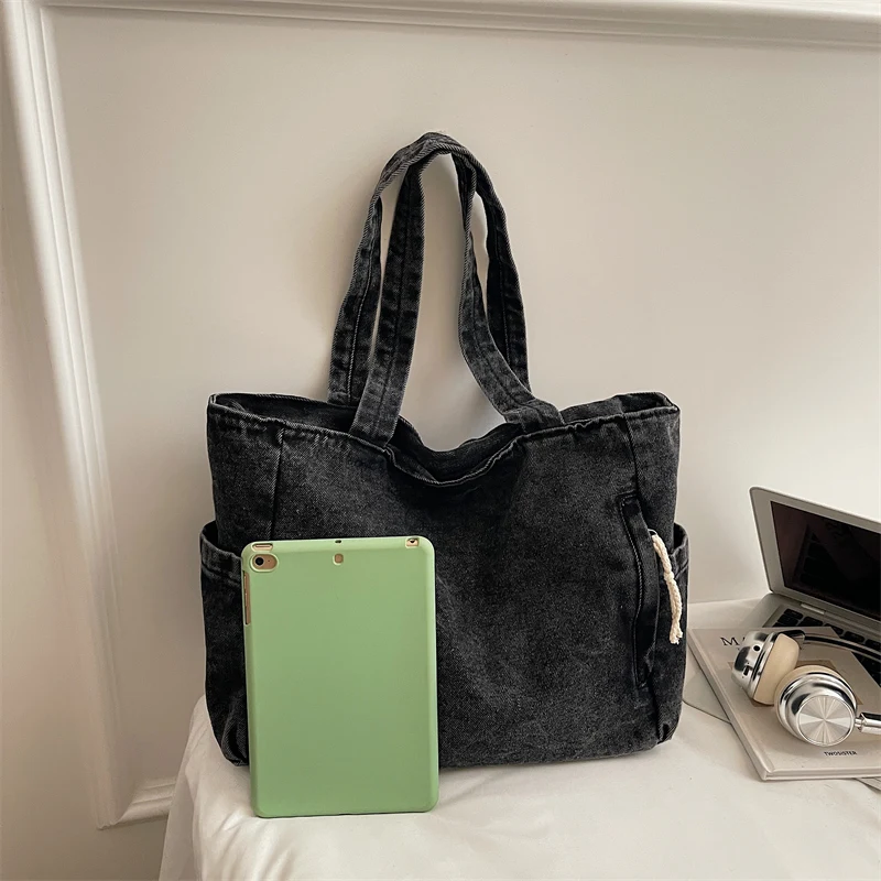 New Washed Denim Casual Women Shoulder Bag Large Capacity Daily Versatile Shopping Bag Solid Color Simple Ladies Handbags