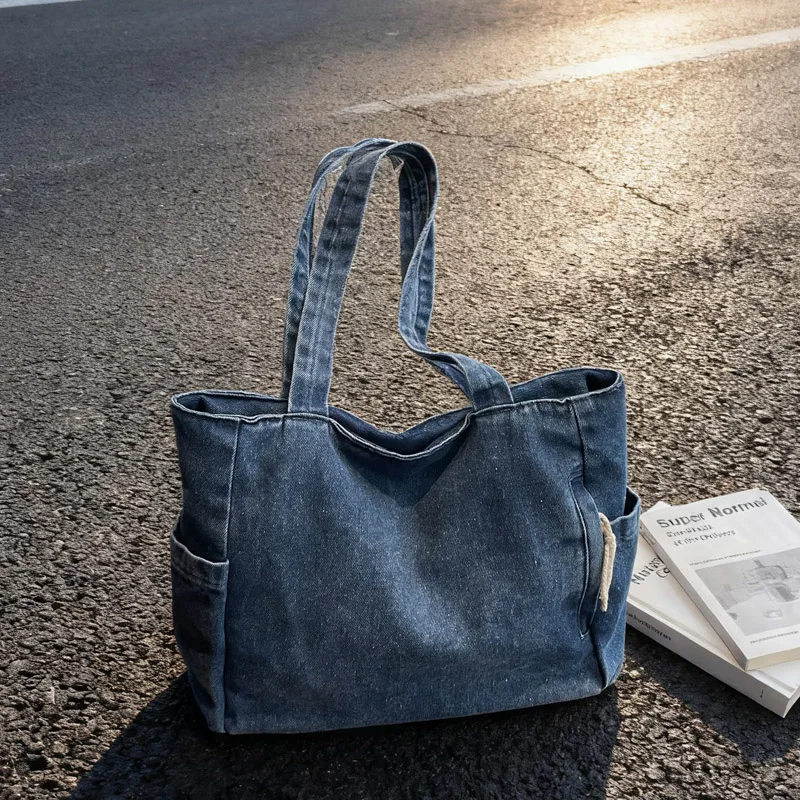 New Washed Denim Casual Women Shoulder Bag Large Capacity Daily Versatile Shopping Bag Solid Color Simple Ladies Handbags
