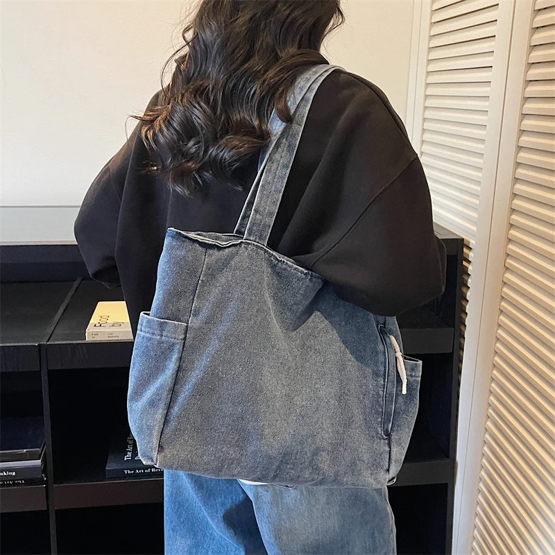 New Washed Denim Casual Women Shoulder Bag Large Capacity Daily Versatile Shopping Bag Solid Color Simple Ladies Handbags