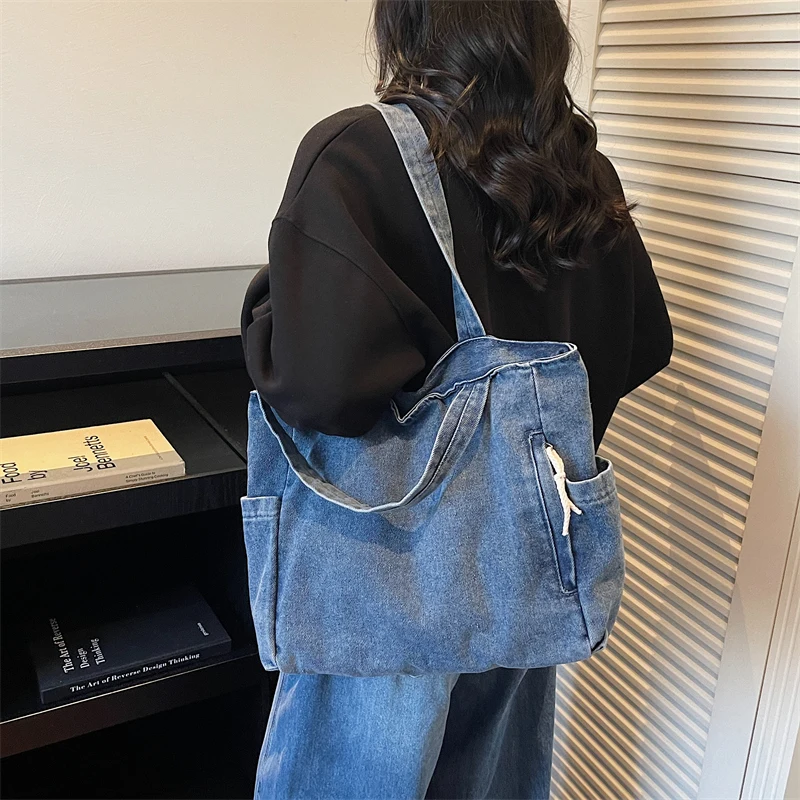 New Washed Denim Casual Women Shoulder Bag Large Capacity Daily Versatile Shopping Bag Solid Color Simple Ladies Handbags