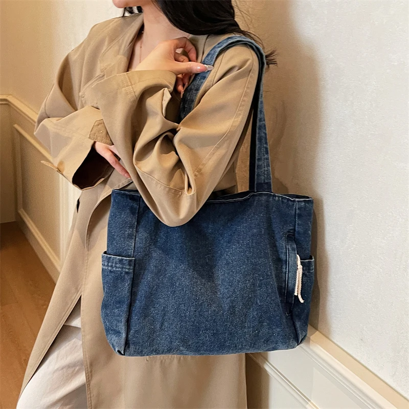 New Washed Denim Casual Women Shoulder Bag Large Capacity Daily Versatile Shopping Bag Solid Color Simple Ladies Handbags