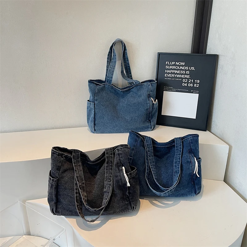 New Washed Denim Casual Women Shoulder Bag Large Capacity Daily Versatile Shopping Bag Solid Color Simple Ladies Handbags
