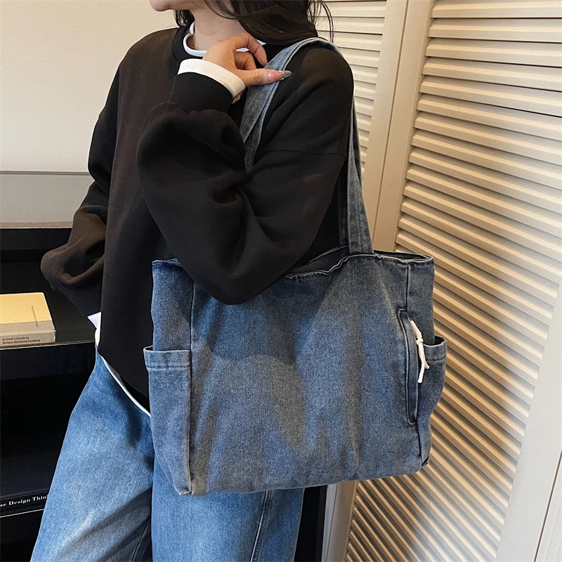 New Washed Denim Casual Women Shoulder Bag Large Capacity Daily Versatile Shopping Bag Solid Color Simple Ladies Handbags