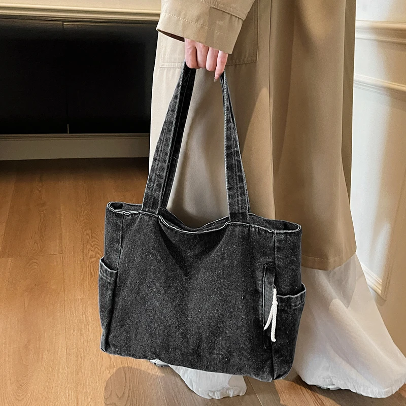 New Washed Denim Casual Women Shoulder Bag Large Capacity Daily Versatile Shopping Bag Solid Color Simple Ladies Handbags
