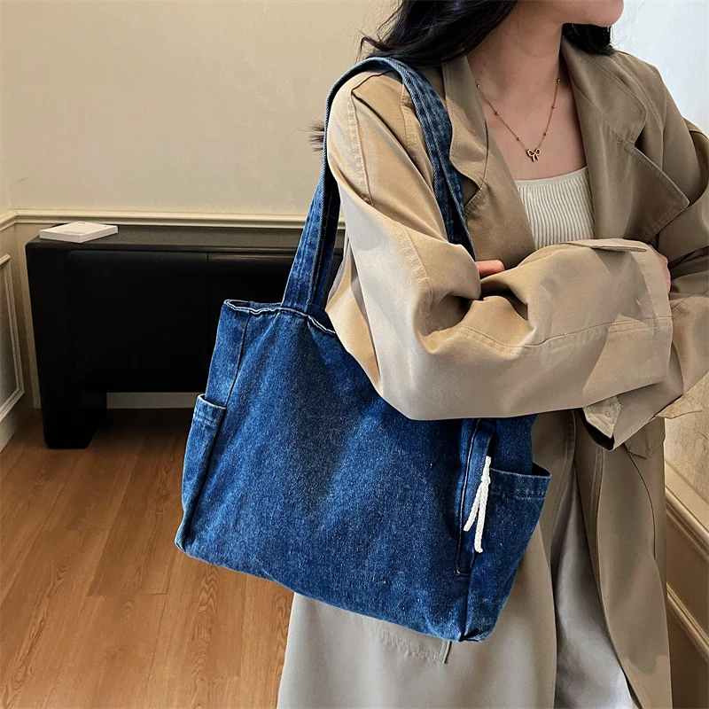 New Washed Denim Casual Women Shoulder Bag Large Capacity Daily Versatile Shopping Bag Solid Color Simple Ladies Handbags