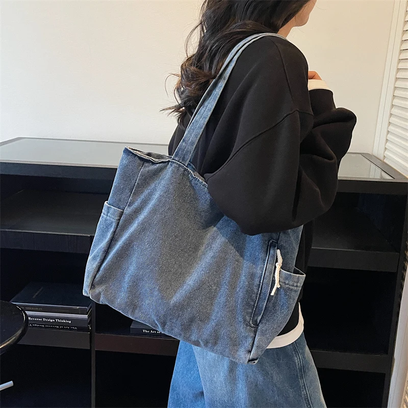 New Washed Denim Casual Women Shoulder Bag Large Capacity Daily Versatile Shopping Bag Solid Color Simple Ladies Handbags