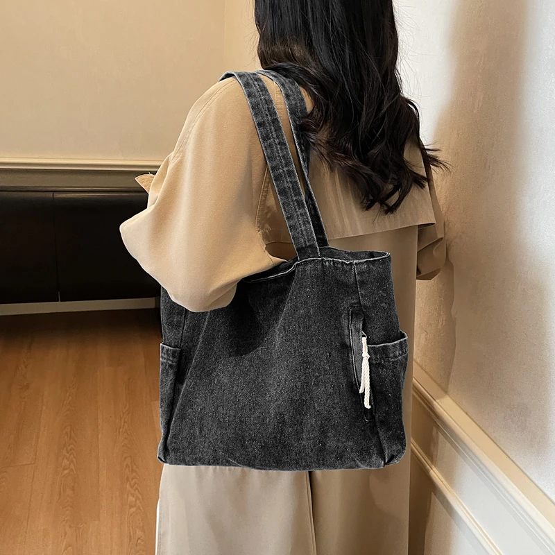 New Washed Denim Casual Women Shoulder Bag Large Capacity Daily Versatile Shopping Bag Solid Color Simple Ladies Handbags