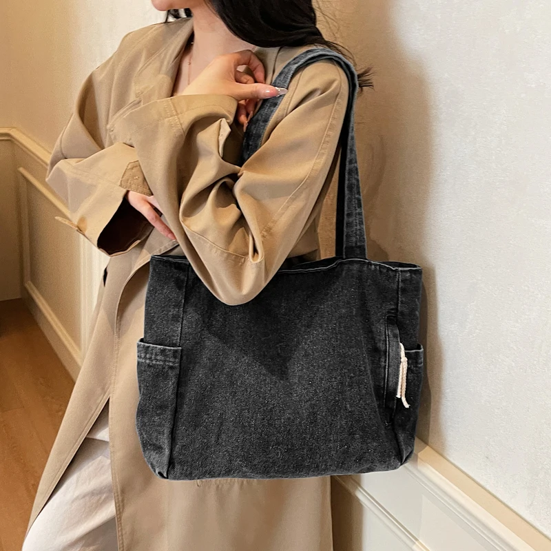 New Washed Denim Casual Women Shoulder Bag Large Capacity Daily Versatile Shopping Bag Solid Color Simple Ladies Handbags