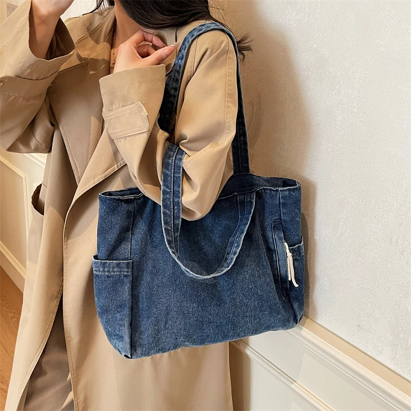 New Washed Denim Casual Women Shoulder Bag Large Capacity Daily Versatile Shopping Bag Solid Color Simple Ladies Handbags