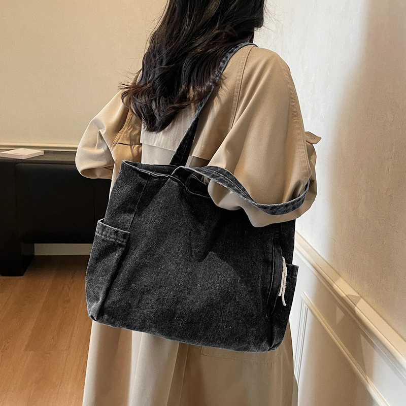 New Washed Denim Casual Women Shoulder Bag Large Capacity Daily Versatile Shopping Bag Solid Color Simple Ladies Handbags