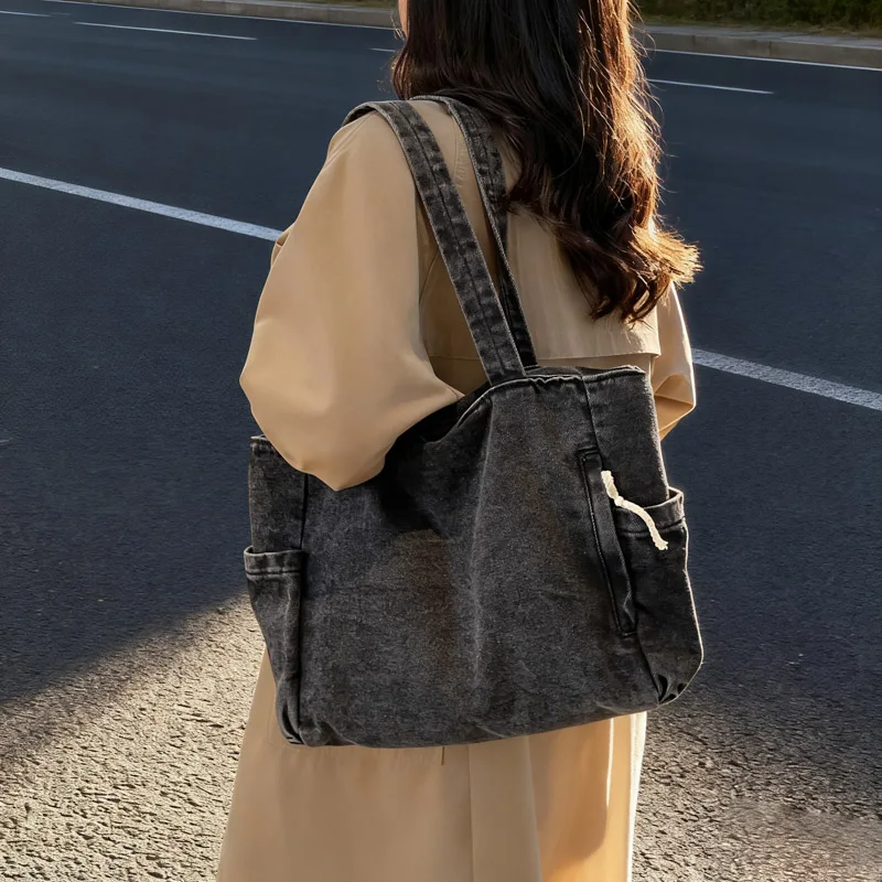 New Washed Denim Casual Women Shoulder Bag Large Capacity Daily Versatile Shopping Bag Solid Color Simple Ladies Handbags