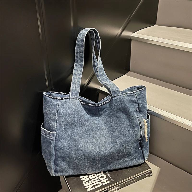 New Washed Denim Casual Women Shoulder Bag Large Capacity Daily Versatile Shopping Bag Solid Color Simple Ladies Handbags