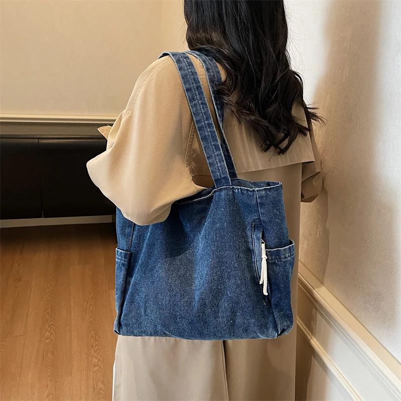 New Washed Denim Casual Women Shoulder Bag Large Capacity Daily Versatile Shopping Bag Solid Color Simple Ladies Handbags