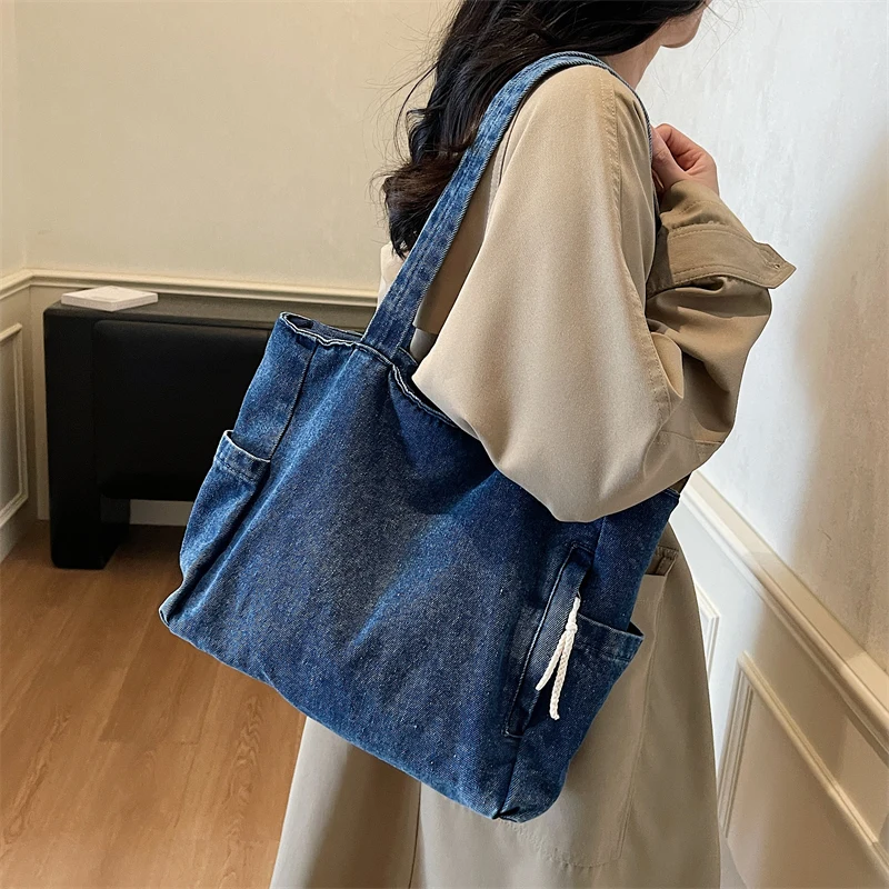 New Washed Denim Casual Women Shoulder Bag Large Capacity Daily Versatile Shopping Bag Solid Color Simple Ladies Handbags