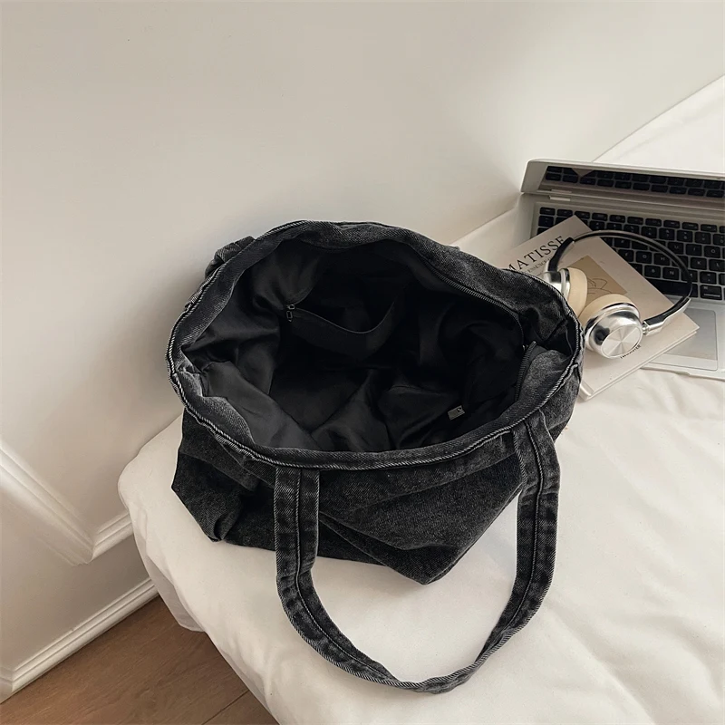 New Washed Denim Casual Women Shoulder Bag Large Capacity Daily Versatile Shopping Bag Solid Color Simple Ladies Handbags