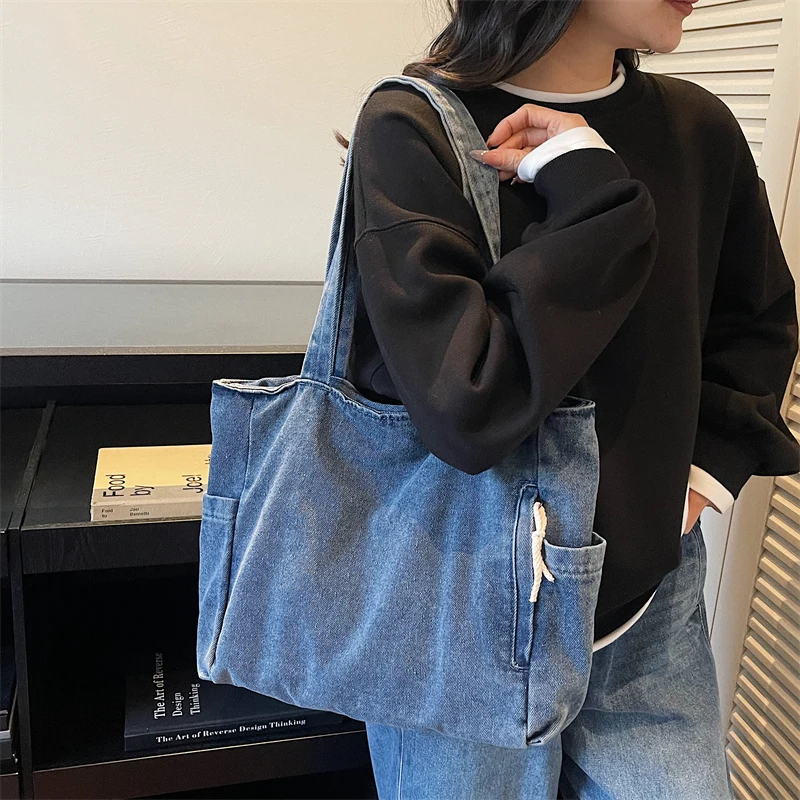 New Washed Denim Casual Women Shoulder Bag Large Capacity Daily Versatile Shopping Bag Solid Color Simple Ladies Handbags
