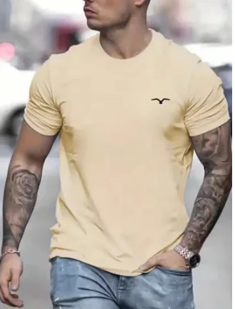 Men's 100% Cotton Summer Loose and Comfortable Bird Graphic Printed Slim Fit Casual Sports Round Neck Short Sleeved T-Shirt Top