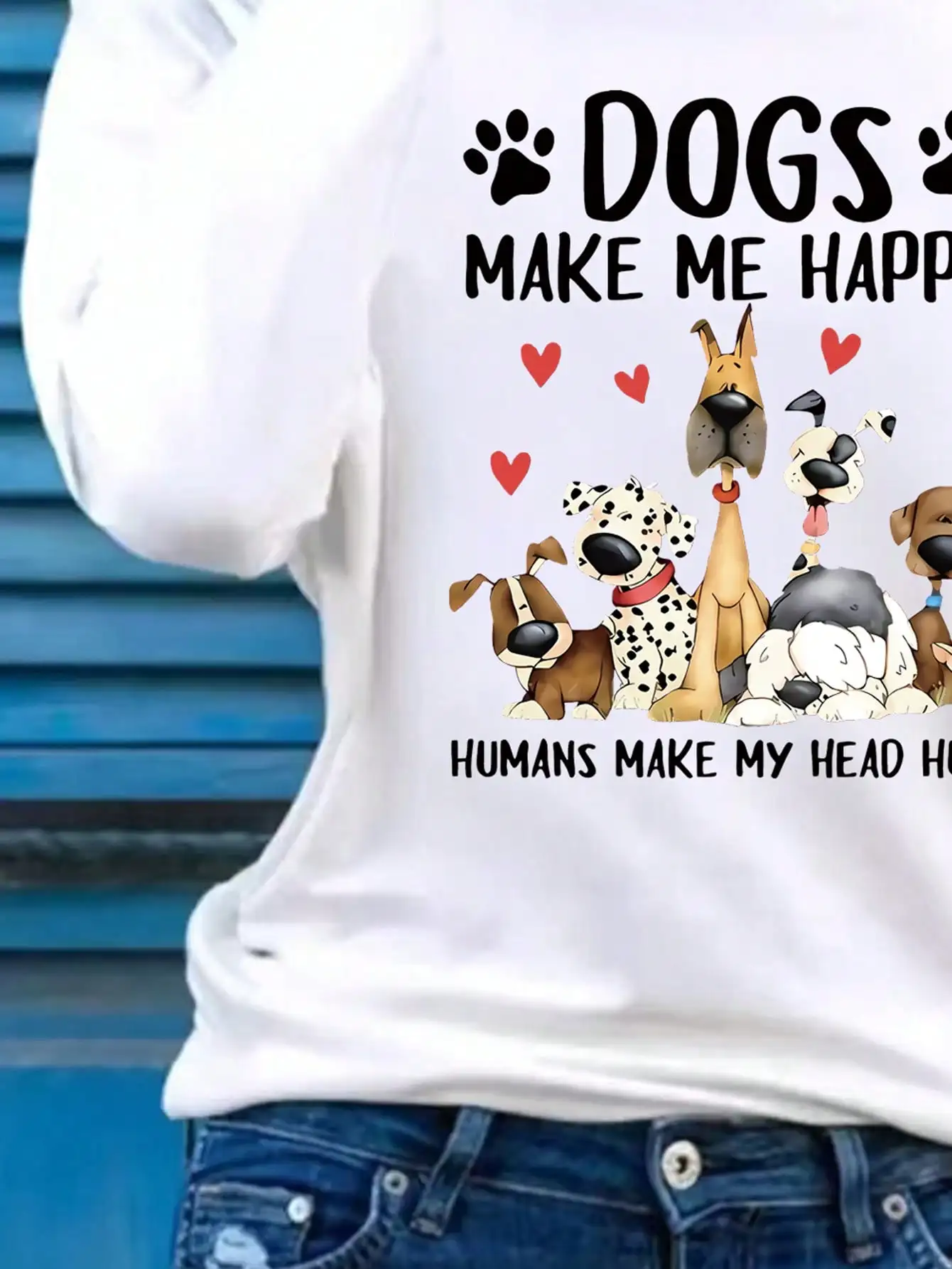 2026 Women's Spring and Summer Casual Slogan Dog Print Round Neck Solid Color Long Sleeved Pullover T-Shirt